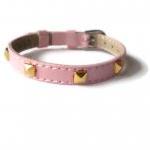 Pink Genuine Leather Bracelet - Gold Pyramid Studs - 8mm Pink Leather Strap - Adjustable