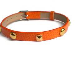 Studded Orange Leather Bracelet - Pyramid and Round Studs - 8mm Bracelet - Adjustable