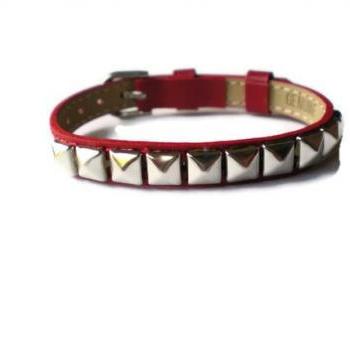Red Genuine Leather Bracelet - Silver Pyramid Studs - 8mm Red Leather Strap - Adjustable