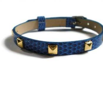 Studded Royal Blue 8mm Leather Bracelet - Gold Pyramid Studs