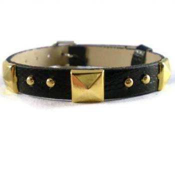 Black Leather Bracelet With Gold Pyramid Studs - 10mm Strap - Black Buckle Bracelet